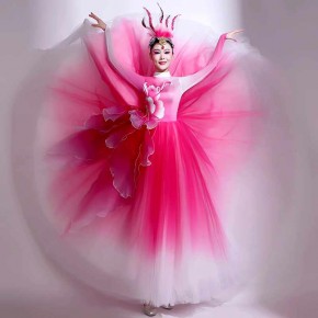 Pink red petals Opening dance Flamenco dance dresses for women girls flowers bloom Art test dance Singing skirts choir ballroom show party long dress